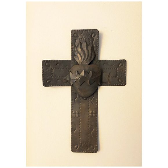 Mexican stamped tin cross with heart